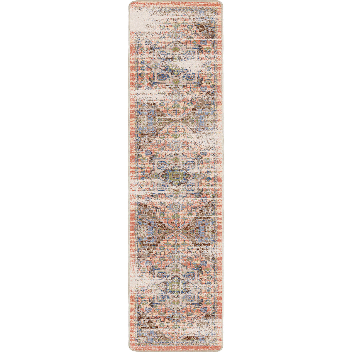 Long rectangular rug with a pattern on a white background
