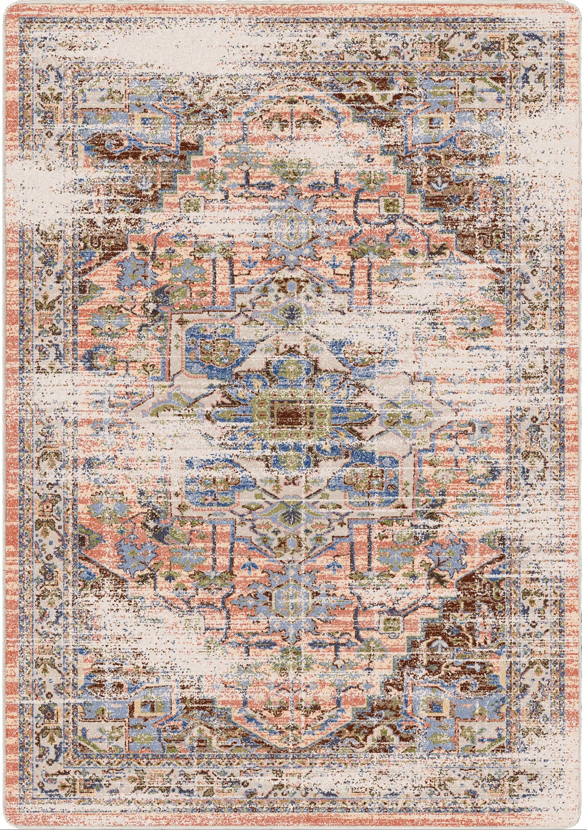 A rectangular area rug with a distressed traditional medallion pattern in muted tones of beige, dusty blue, terracotta pink, and brown.