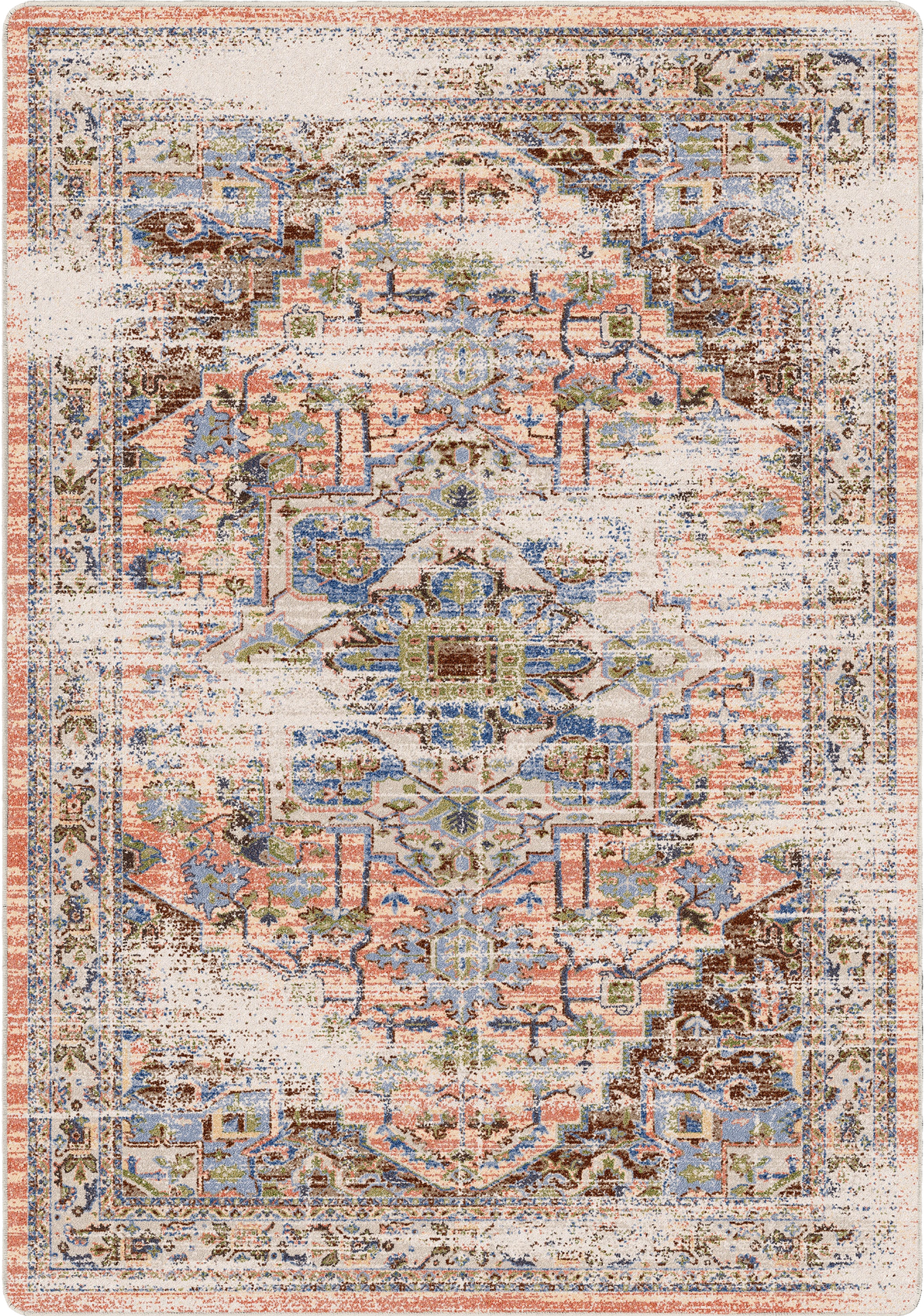 A distressed traditional area rug featuring a central medallion design in muted tones of beige, dusty pink, blue, brown, and cream.