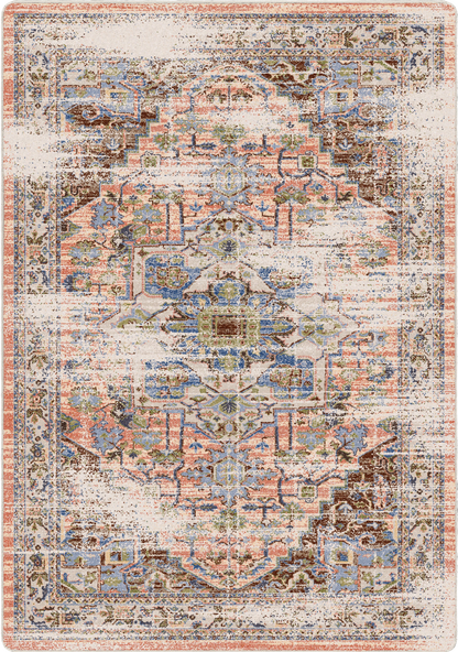 A distressed traditional area rug featuring a central medallion design in muted tones of beige, dusty pink, blue, brown, and cream.