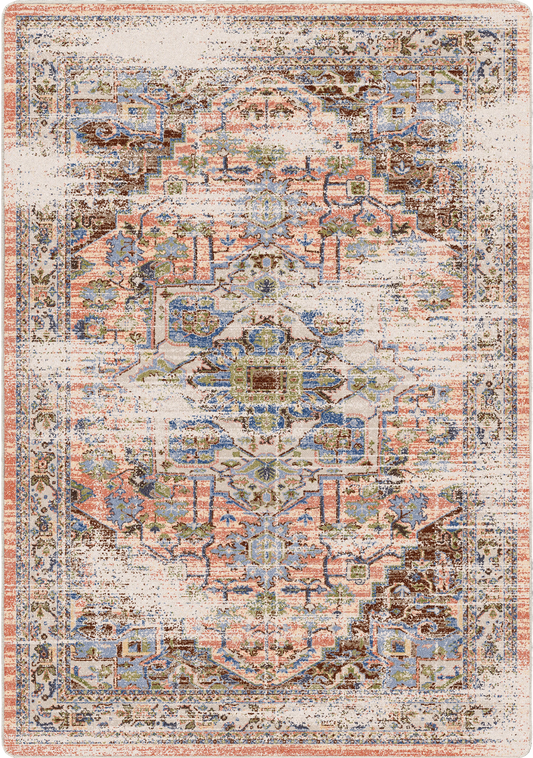 A distressed traditional area rug featuring a central medallion design in muted tones of beige, dusty pink, blue, brown, and cream.