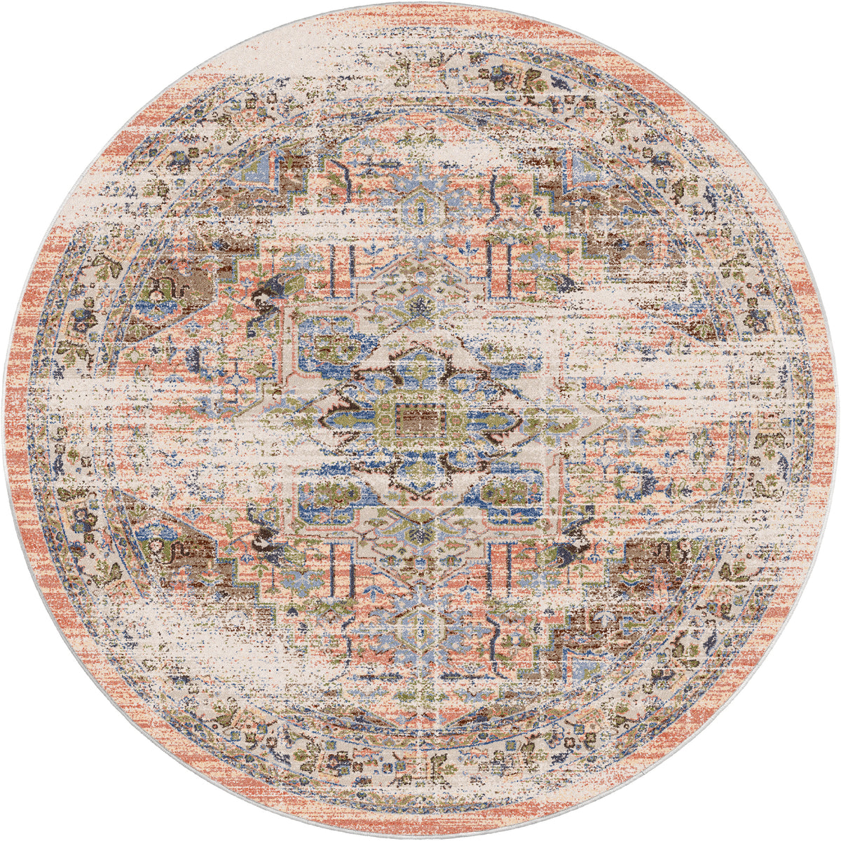 Round area rug with a multicolored pattern on a white background