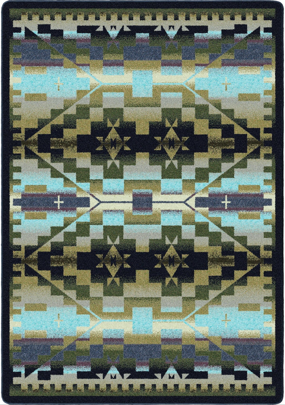 A rectangular area rug with a Southwestern geometric pattern in shades of olive green, black, light blue, beige, and purple, finished with a dark border.