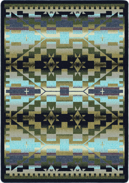 A rectangular area rug with a Southwestern geometric pattern in shades of olive green, black, light blue, beige, and purple, finished with a dark border.