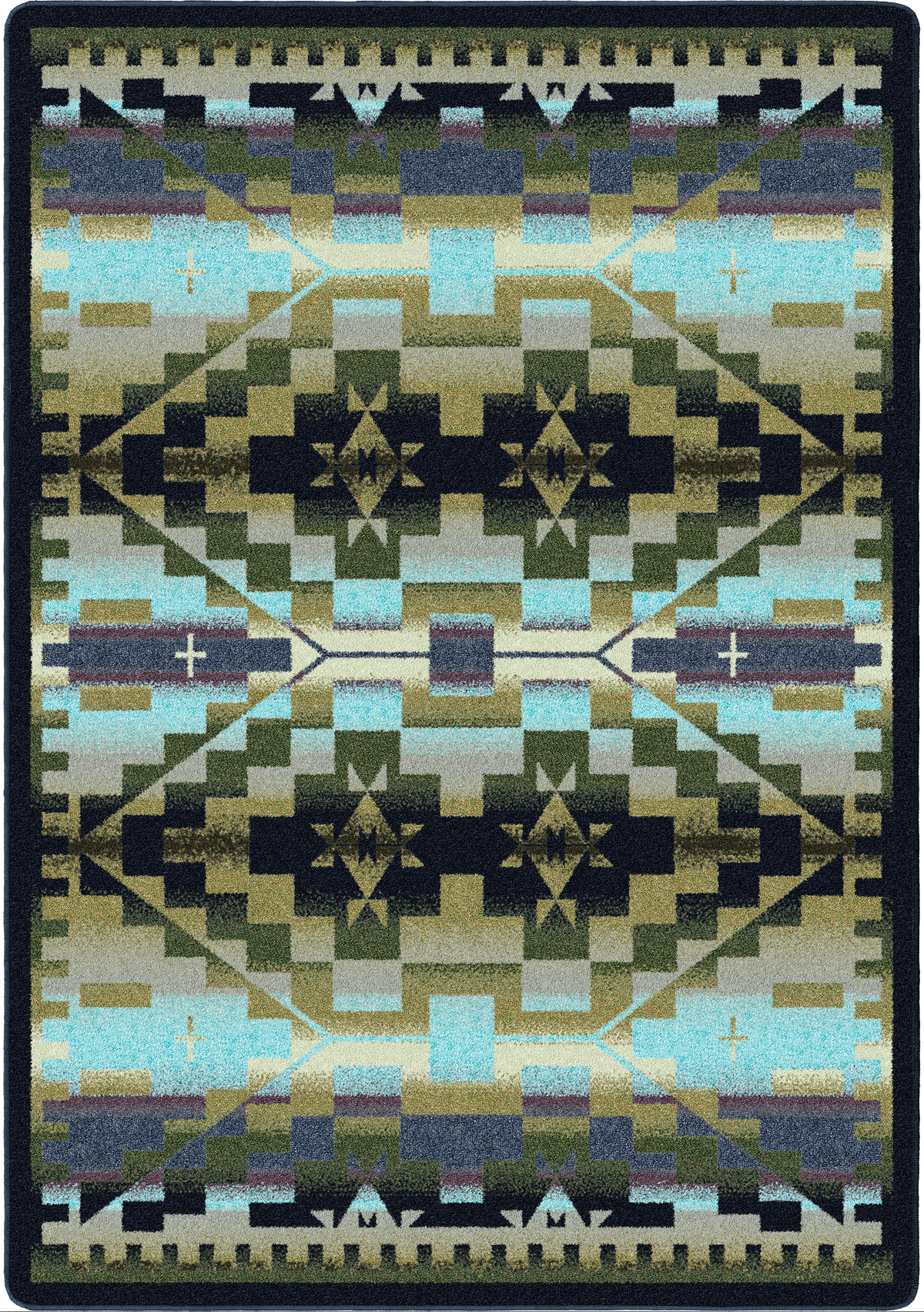 A square area rug with a Southwestern geometric pattern in shades of teal, olive green, black, beige, and purple, featuring a central diamond motif and a dark border.