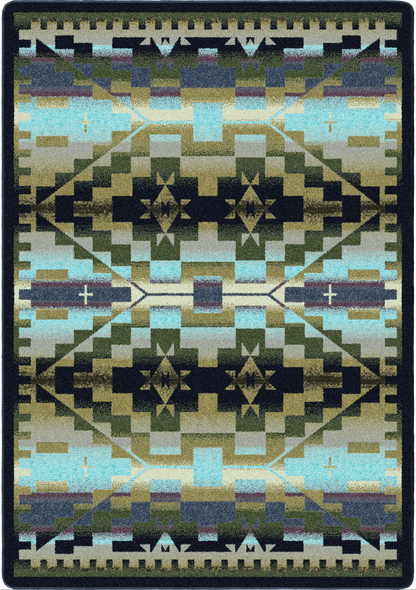 A square area rug with a Southwestern geometric pattern in shades of teal, olive green, black, beige, and purple, featuring a central diamond motif and a dark border.