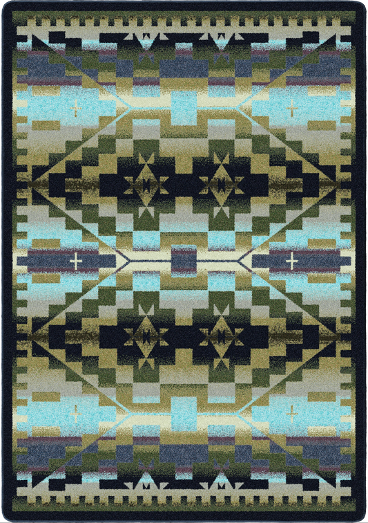 A square area rug with a Southwestern geometric pattern in shades of teal, olive green, black, beige, and purple, featuring a central diamond motif and a dark border.