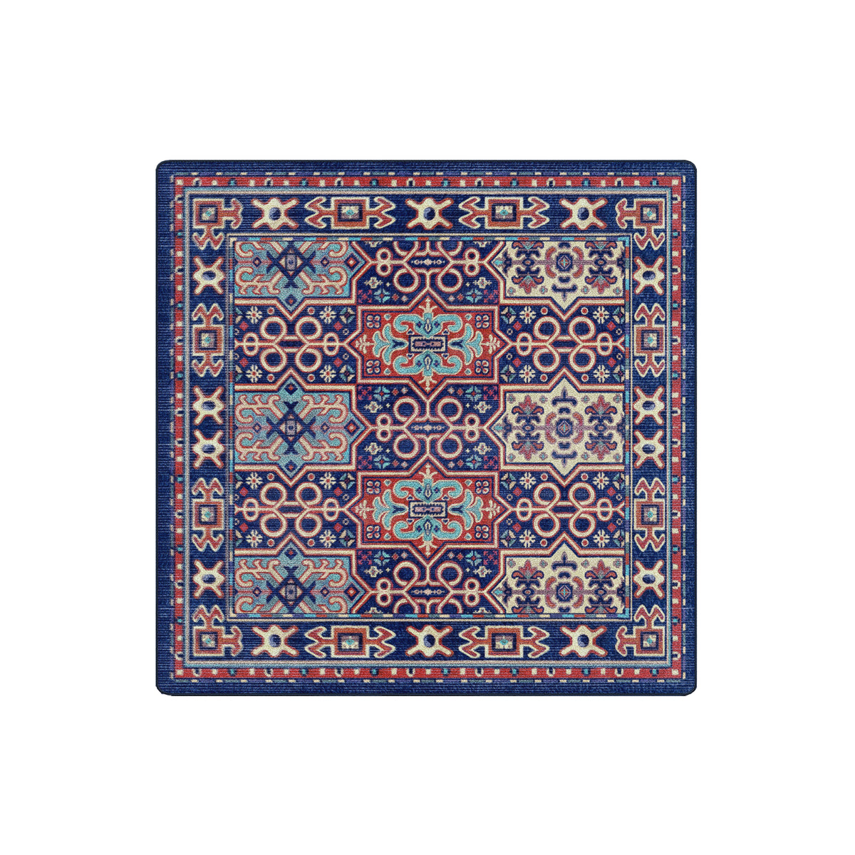 A square area rug with an intricate traditional pattern in navy blue, red, beige, and light blue, shown flat against a solid white background.