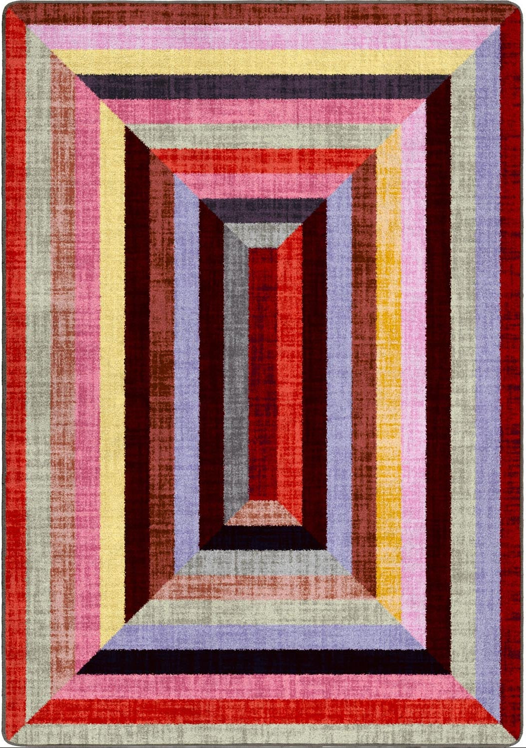 Next Level area rug: a square area rug with a geometric, 3D-effect tunnel design featuring concentric rectangular borders in shades of red, pink, purple, yellow, beige, and gray.