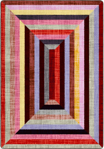 Next Level area rug: a square area rug with a geometric, 3D-effect tunnel design featuring concentric rectangular borders in shades of red, pink, purple, yellow, beige, and gray.