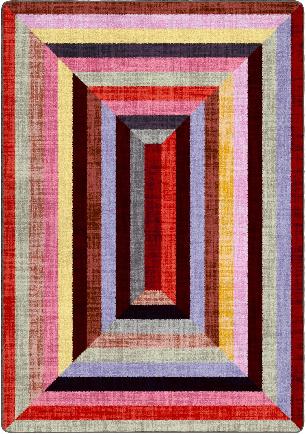 A square area rug with a geometric, concentric rectangular pattern featuring multiple colors including red, pink, purple, yellow, blue, and beige.