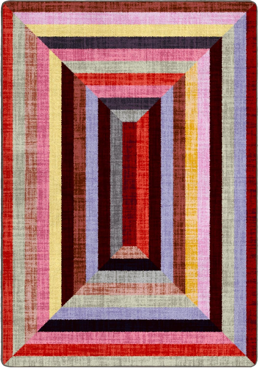 A square area rug with a geometric, concentric rectangular pattern featuring multiple colors including red, pink, purple, yellow, blue, and beige.