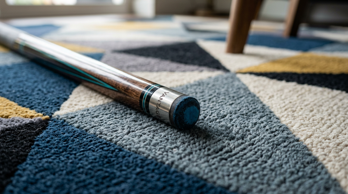 A close-up of a billiards cue resting diagonally on a ttextured geometric area rug with blue, gray, and beige patterns. The cue features a dark wood grain shaft, a silver ferrule, and a blue tip.