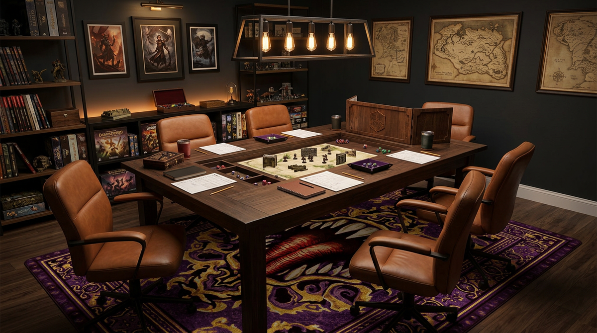A dark, atmospheric room featuring a large wooden conference table surrounded by brown leather office chairs, styled with tabletop gaming accessories like chess pieces, papers, and a game board. The room…