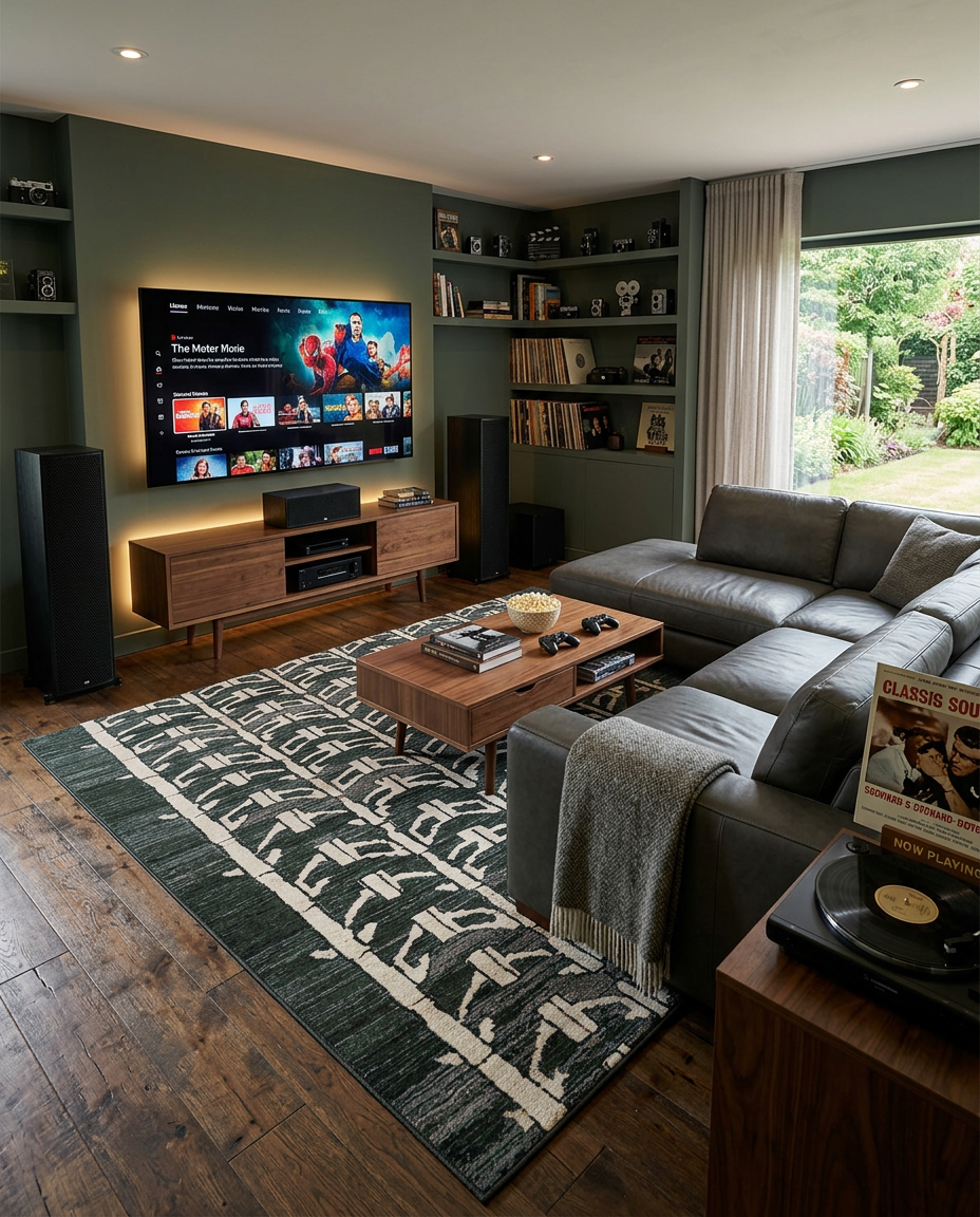 A modern living room with a dark gray leather sectional sofa, a wooden coffee table, a patterned area rug, and a large wall-mounted TV. The room has dark green walls, built-in shelving, and a large window…