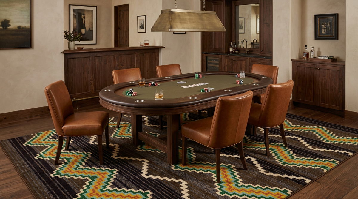 An oval wooden poker table with a green felt surface, surrounded by six brown leather chairs, set on a patterned chevron rug in a styled home office or bar area.