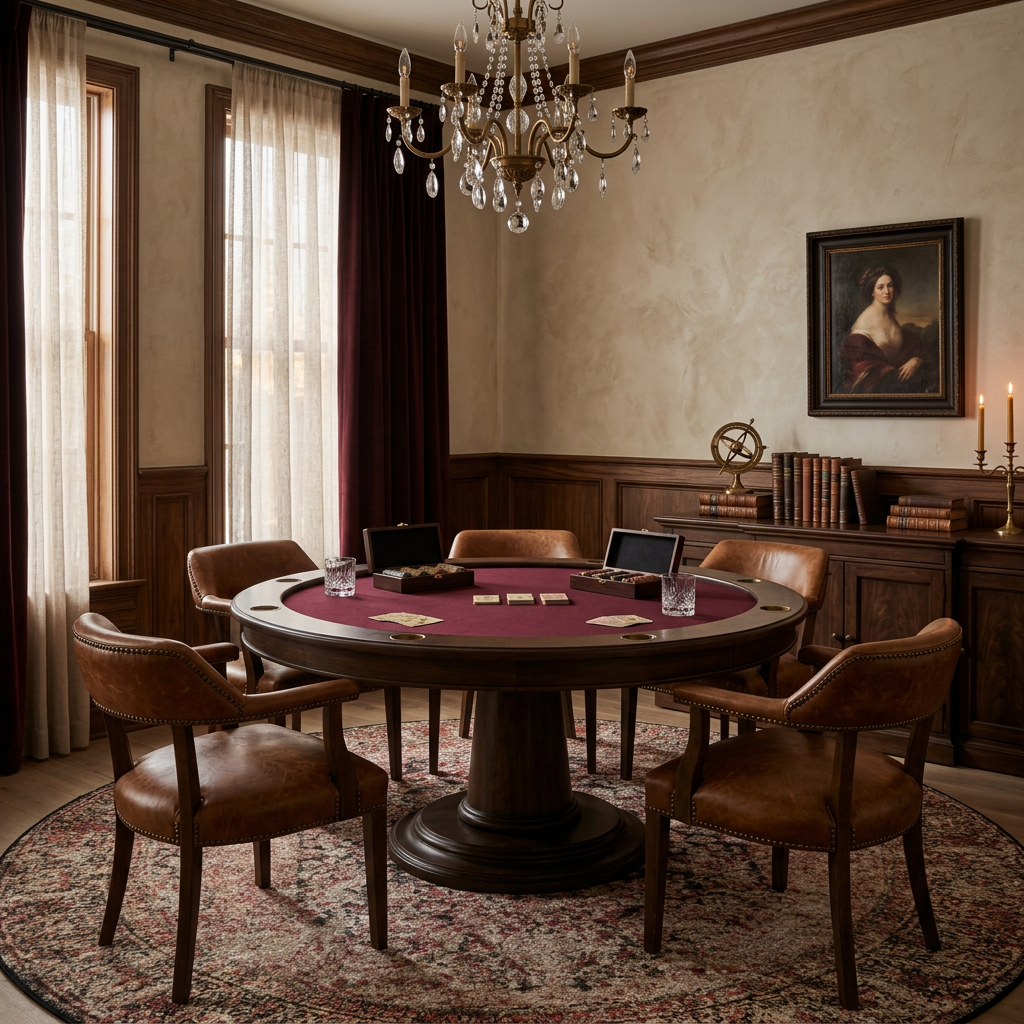 victorian styled poker room with victorian painting and red moody romantic rug round 