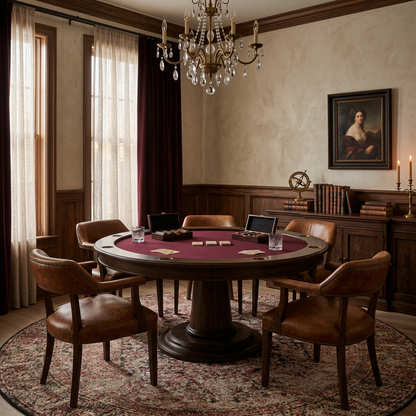 victorian styled poker room with victorian painting and red moody romantic rug round 