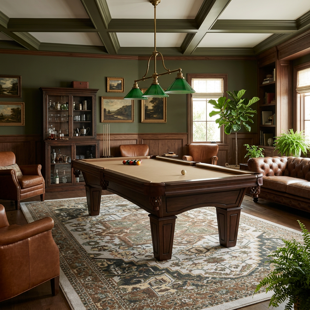 A classic wooden pool table with a tan felt surface is the central focus in a beautifully decorated game room. The room features dark green walls, wood paneling, a large patterned area rug, leather armchairs, a tufted sofa, and a green-shaded chandelier.