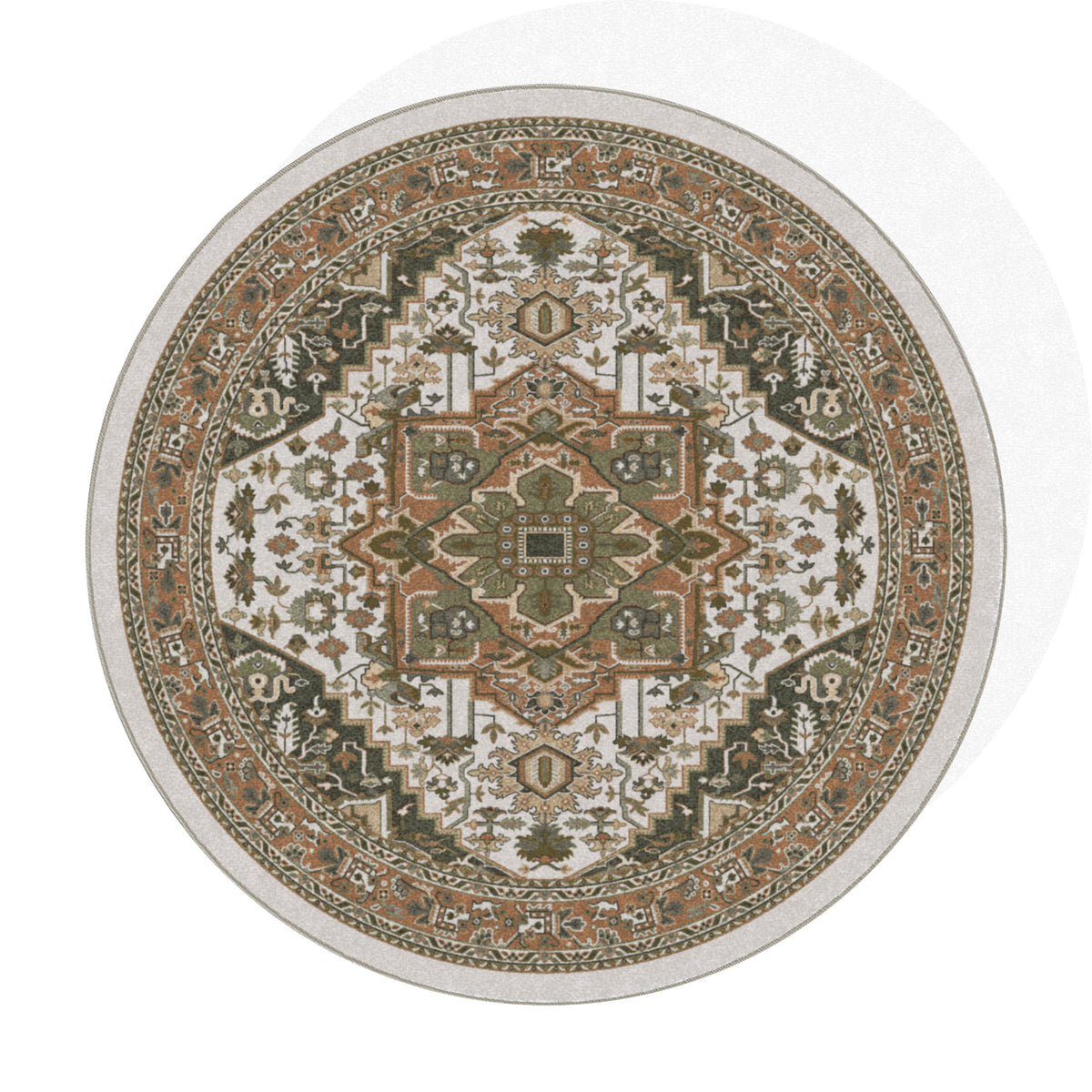 A round area rug with an intricate traditional medallion pattern in beige, brown, olive green, and cream, isolated on a white background.