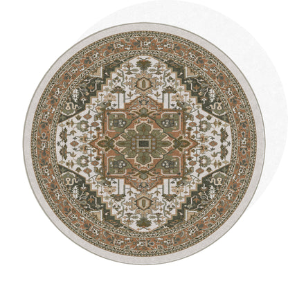 A round area rug with an intricate traditional medallion pattern in beige, brown, olive green, and cream, isolated on a white background.