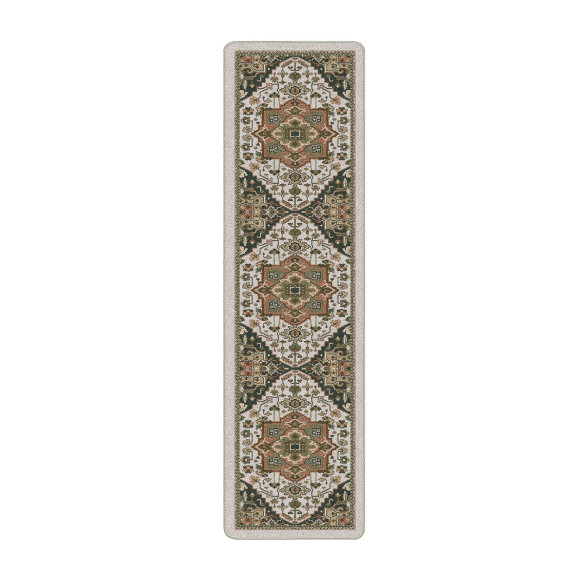 A long rectangular area rug with an ornate repeating geometric and floral medallion pattern in beige, brown, olive green, black, and cream tones.