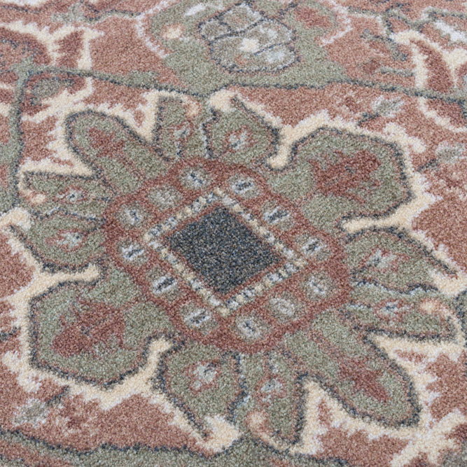 A close-up of a traditional patterned area rug featuring a central medallion in muted tones of terracotta, sage green, beige, and light blue.