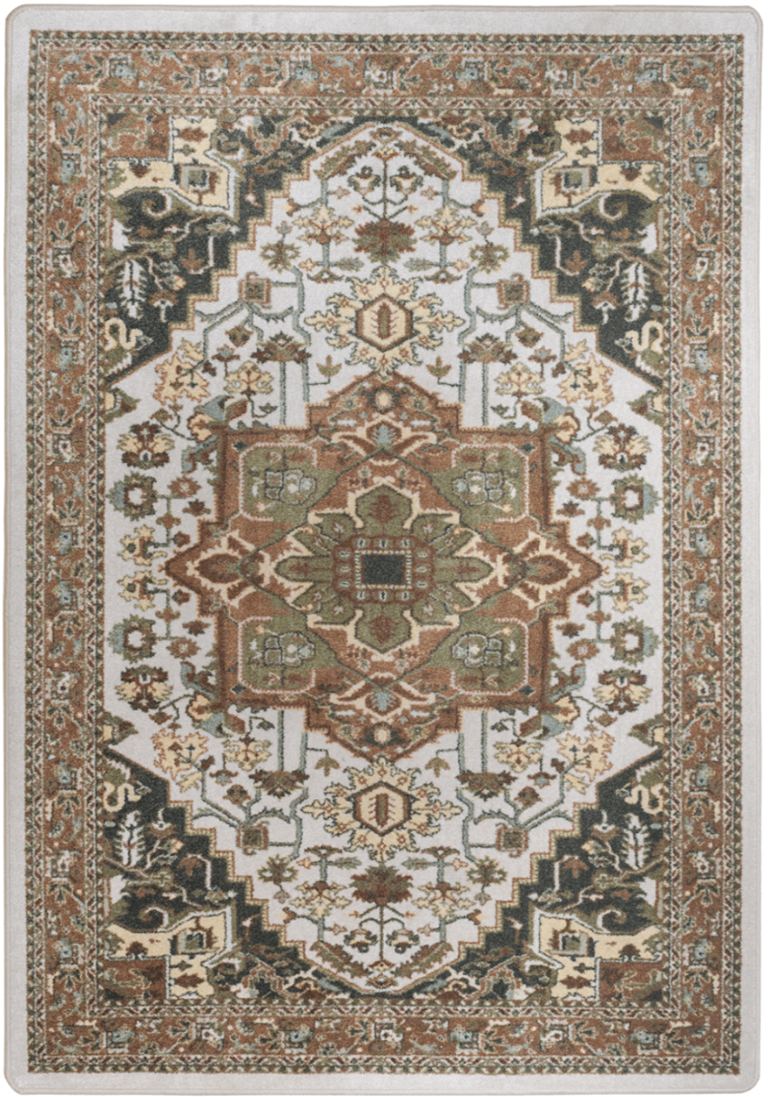 A traditional oriental-style area rug with an intricate medallion pattern in beige, brown, cream, and muted green tones, shown flat against a white background.