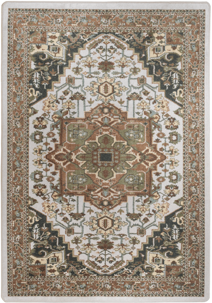 A traditional oriental-style area rug with an intricate medallion pattern in beige, brown, cream, and muted green tones, shown flat against a white background.