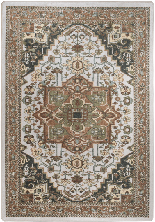A traditional oriental-style area rug with an intricate medallion pattern in beige, brown, cream, and muted green tones, shown flat against a white background.